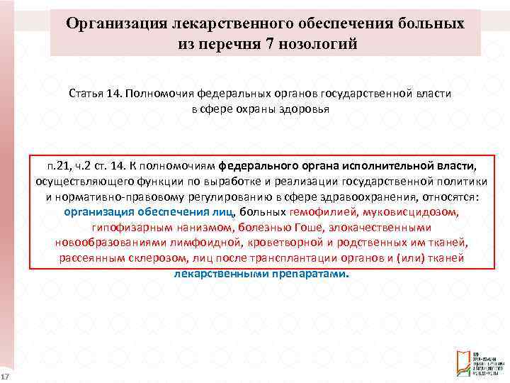 Организация лекарственного обеспечения больных из перечня 7 нозологий Статья 14. Полномочия федеральных органов государственной