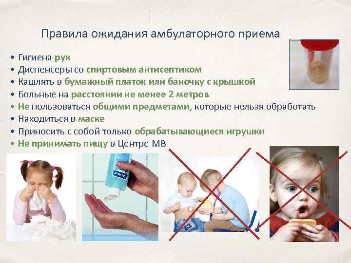 Правила ожидания амбулаторного приема • Гигиена рук • Диспенсеры со спиртовым антисептиком • Кашлять