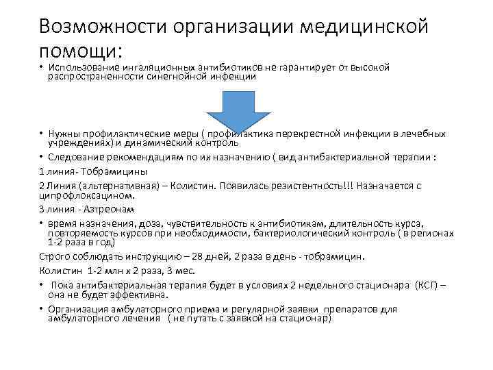 Возможности организации медицинской помощи: • Использование ингаляционных антибиотиков не гарантирует от высокой распространенности синегнойной