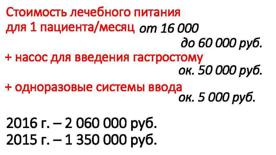 Стоимость лечебного питания для 1 пациента/месяц от 16 000 до 60 000 руб. +