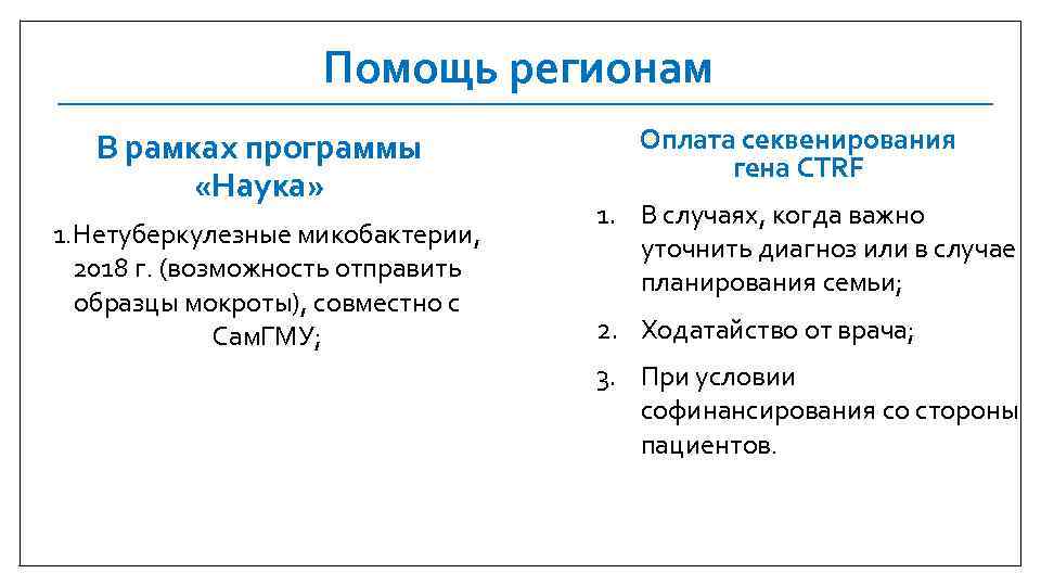 Помощь регионам В рамках программы «Наука» 1. Нетуберкулезные микобактерии, 2018 г. (возможность отправить образцы