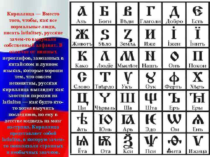 Кириллица — Вместо того, чтобы, как все нормальные люди, писать latinitsey, русские зачем-то выдумали