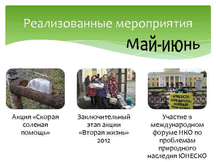 Реализованные мероприятия Акция «Скорая соленая помощь» Заключительный этап акции «Вторая жизнь» 2012 Участие в