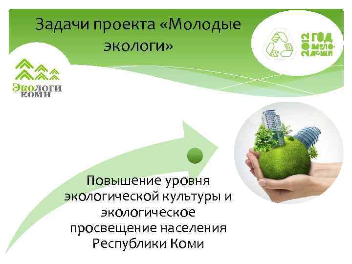 Задачи проекта «Молодые экологи» Повышение уровня экологической культуры и экологическое просвещение населения Республики Коми
