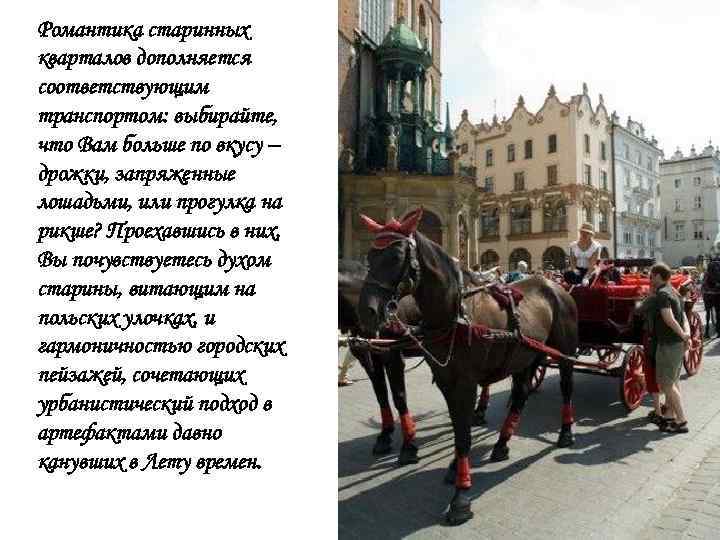 Романтика старинных кварталов дополняется соответствующим транспортом: выбирайте, что Вам больше по вкусу – дрожки,