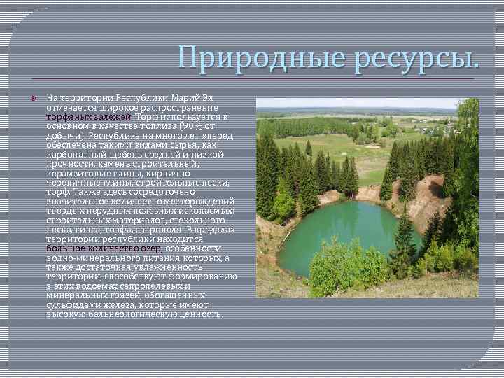 Природные ресурсы. На территории Республики Марий Эл отмечается широкое распространение торфяных залежей. Торф используется