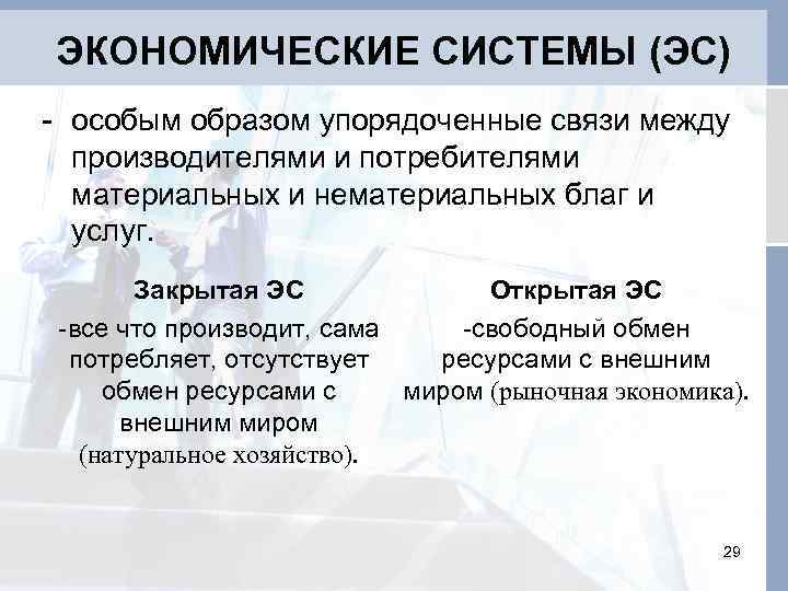 ЭКОНОМИЧЕСКИЕ СИСТЕМЫ (ЭС) - особым образом упорядоченные связи между производителями и потребителями материальных и