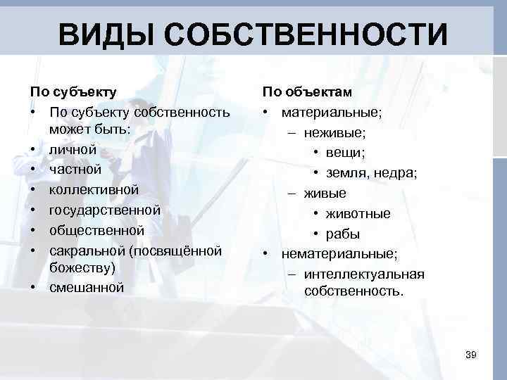 ВИДЫ СОБСТВЕННОСТИ По субъекту • По субъекту собственность может быть: • личной • частной