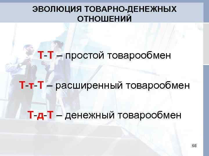 ЭВОЛЮЦИЯ ТОВАРНО-ДЕНЕЖНЫХ ОТНОШЕНИЙ Т-Т – простой товарообмен Т-т-Т – расширенный товарообмен Т-д-Т – денежный