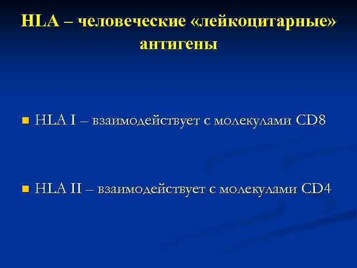 HLA – человеческие «лейкоцитарные» антигены n HLA I – взаимодействует с молекулами CD 8