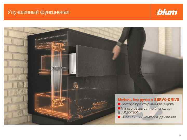 Улучшенный функционал Мебель без ручек с SERVO-DRIVE Восторг при открывании ящика Мягкое закрывание благодаря