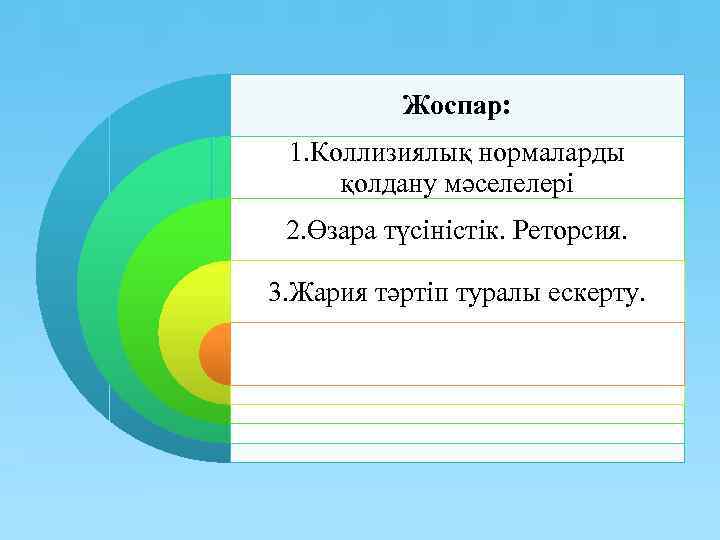 Жоспар: 1. Коллизиялық нормаларды қолдану мәселелері 2. Өзара түсіністік. Реторсия. 3. Жария тәртіп туралы