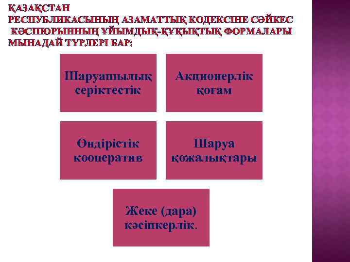 ҚАЗАҚСТАН РЕСПУБЛИКАСЫНЫҢ АЗАМАТТЫҚ КОДЕКСІНЕ СӘЙКЕС КӘСІПОРЫННЫҢ ҰЙЫМДЫҚ-ҚҰҚЫҚТЫҚ ФОРМАЛАРЫ МЫНАДАЙ ТҮРЛЕРІ БАР: Шаруашылық серiктестiк Акционерлiк
