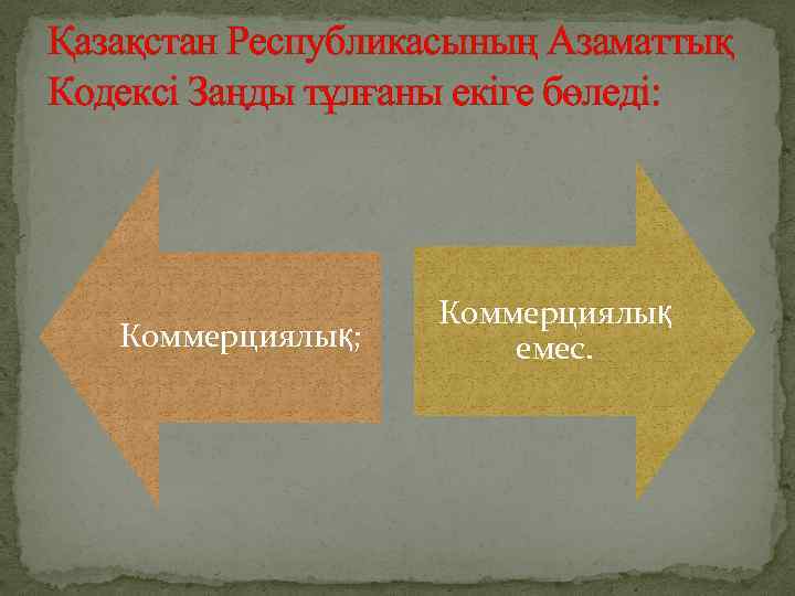 Қазақстан Республикасының Азаматтық Кодексі Заңды тұлғаны екіге бөледі: Коммерциялық; Коммерциялық емес. 