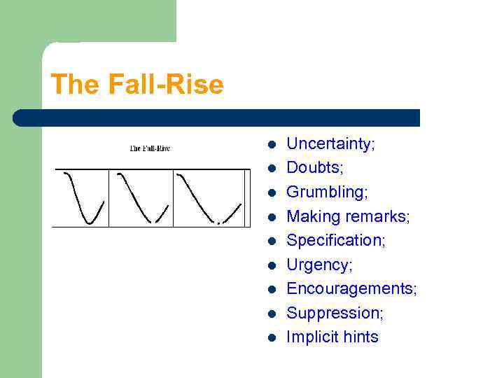 The Fall-Rise l l l l l Uncertainty; Doubts; Grumbling; Making remarks; Specification; Urgency;