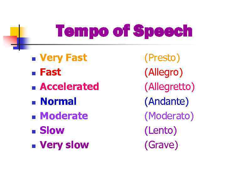 Tempo of Speech n n n n Very Fast Accelerated Normal Moderate Slow Very