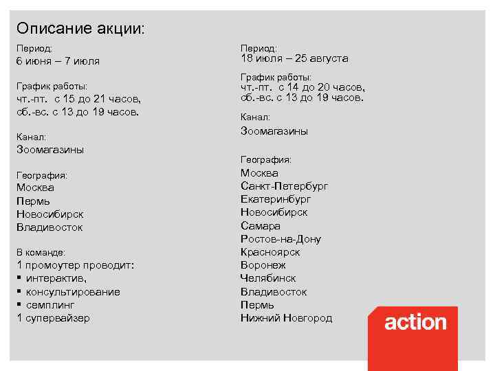 Описание акции: Период: 6 июня – 7 июля График работы: чт. -пт. с 15