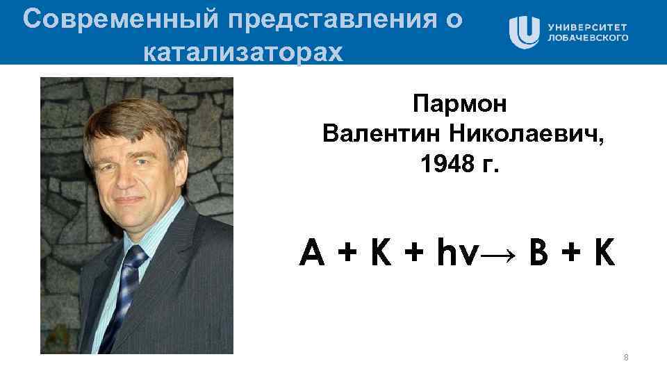 Современный представления о катализаторах Пармон Валентин Николаевич, 1948 г. A + K + hν→