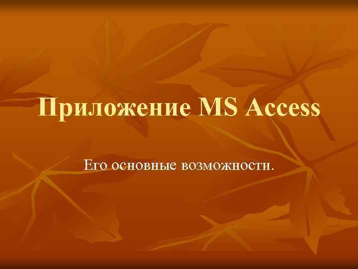 Приложение MS Access Его основные возможности. 