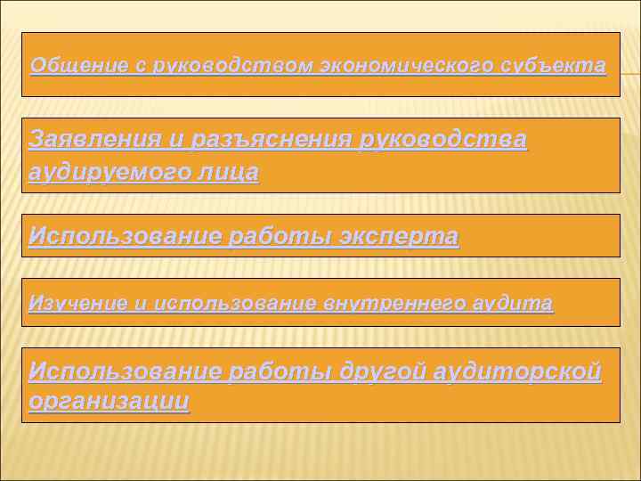Общение с руководством экономического субъекта Заявления и разъяснения руководства аудируемого лица Использование работы эксперта