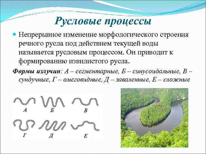 Изменение реки. Русловые процессы. Типы русловых процессов. Русловые деформации рек. Изменение русла реки.