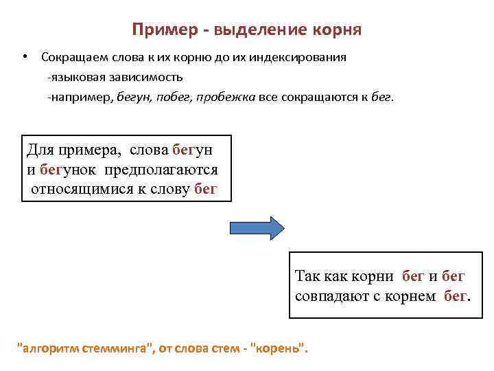 Пример - выделение корня • Сокращаем слова к их корню до их индексирования -языковая