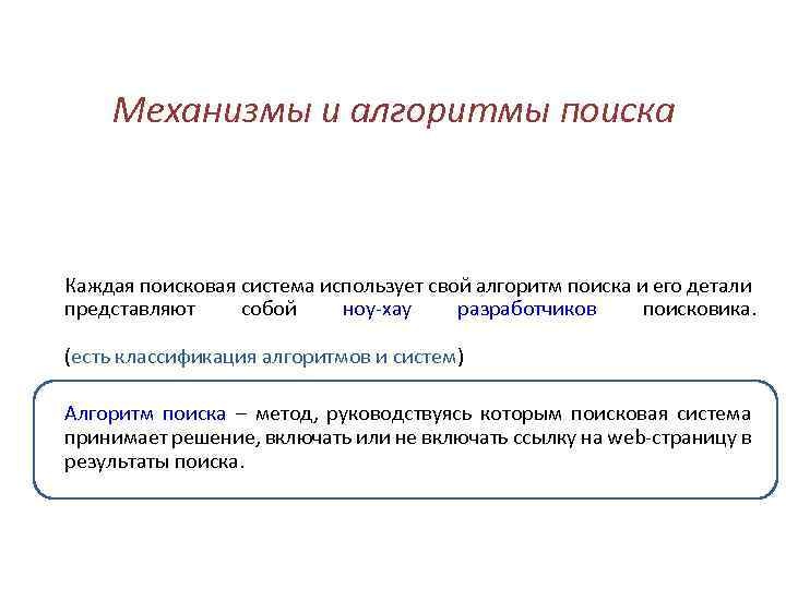 Механизмы и алгоритмы поиска Каждая поисковая система использует свой алгоритм поиска и его детали