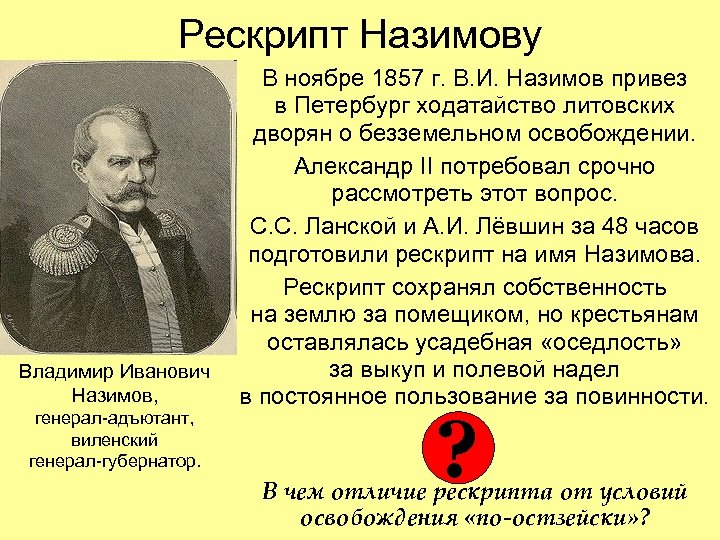 Рескрипт Назимову Владимир Иванович Назимов, генерал-адъютант, виленский генерал-губернатор. В ноябре 1857 г. В. И.