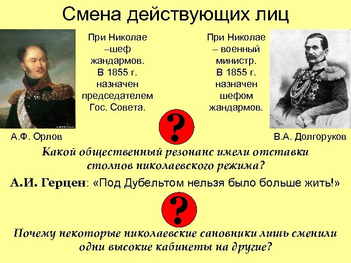 Смена действующих лиц При Николае –шеф жандармов. В 1855 г. назначен председателем Гос. Совета.