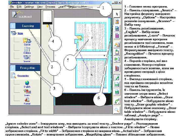 1 – Головне меню програми. 2 – Панель сканування. „Source” – Настройка формату вихідного