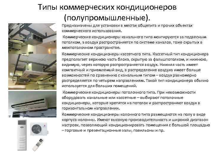 Типы коммерческих кондиционеров (полупромышленные). Предназначены для установки в местах общепита и прочих объектах коммерческого