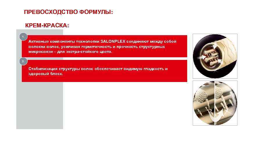 ПРЕВОСХОДСТВО ФОРМУЛЫ: КРЕМ-КРАСКА: 1. Активные компоненты технологии SALONPLEX соединяют между собой волокна волос, усиливая