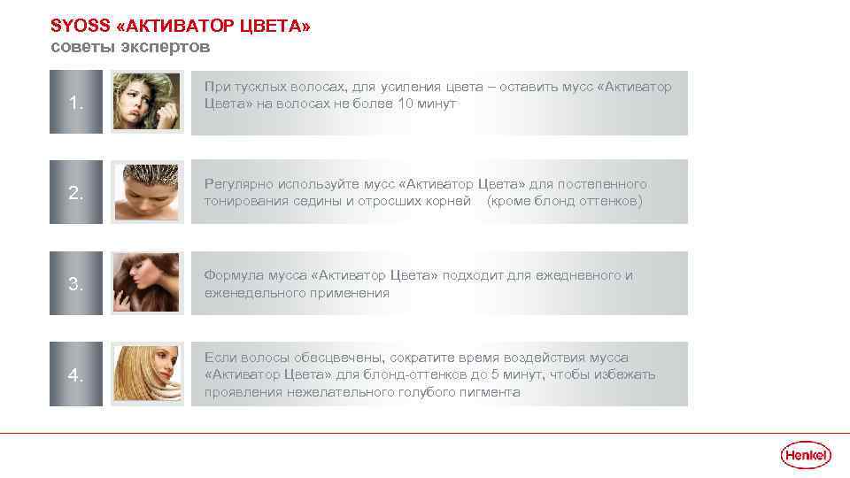 SYOSS «АКТИВАТОР ЦВЕТА» советы экспертов 1. При тусклых волосах, для усиления цвета – оставить