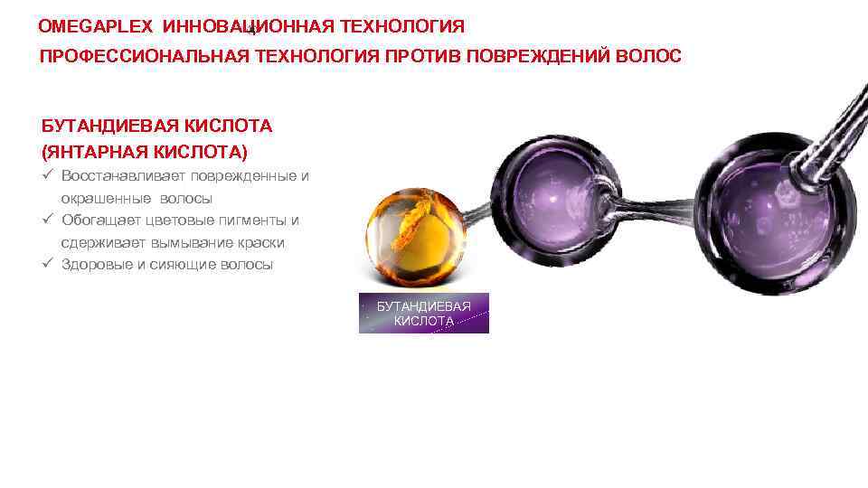 OMEGAPLEX ИННОВАЦИОННАЯ ТЕХНОЛОГИЯ ПРОФЕССИОНАЛЬНАЯ ТЕХНОЛОГИЯ ПРОТИВ ПОВРЕЖДЕНИЙ ВОЛОС БУТАНДИЕВАЯ КИСЛОТА (ЯНТАРНАЯ КИСЛОТА) ü Восстанавливает