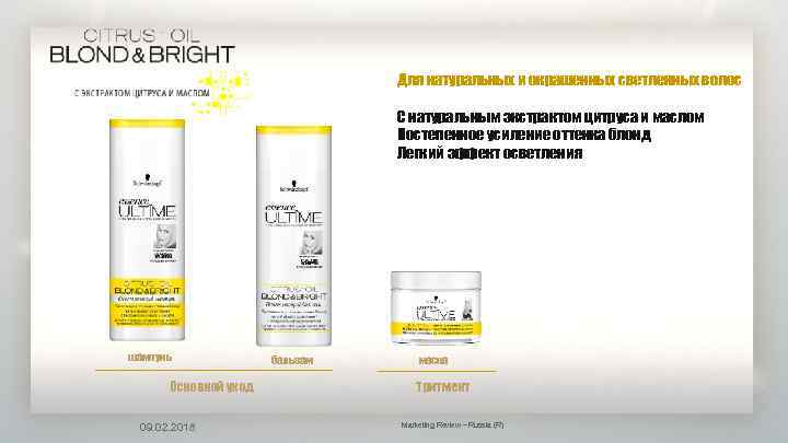 Для натуральных и окрашенных светленных волос C натуральным экстрактом цитруса и маслом Постепенное усиление