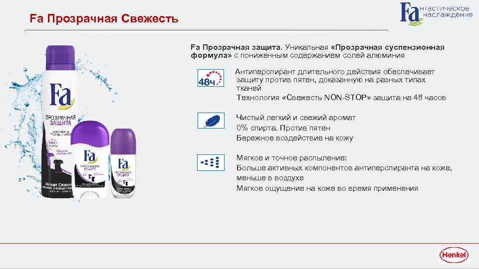 Fa Прозрачная Свежесть Fa Прозрачная защита. Уникальная «Прозрачная суспензионная формула» с пониженным содержанием солей