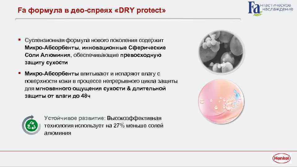 Fa формула в део-спреях «DRY protect» § Суспензионная формула нового поколения содержит Микро-Абсорбенты, инновационные