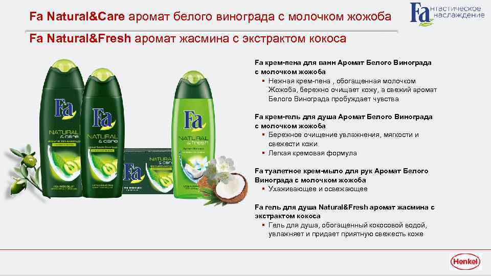Fa Natural&Care аромат белого винограда с молочком жожоба Fa Natural&Fresh аромат жасмина с экстрактом