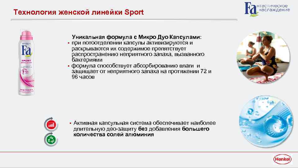 Технология женской линейки Sport Уникальная формула с Микро Дуо Капсулами: § при потоотделении капсулы