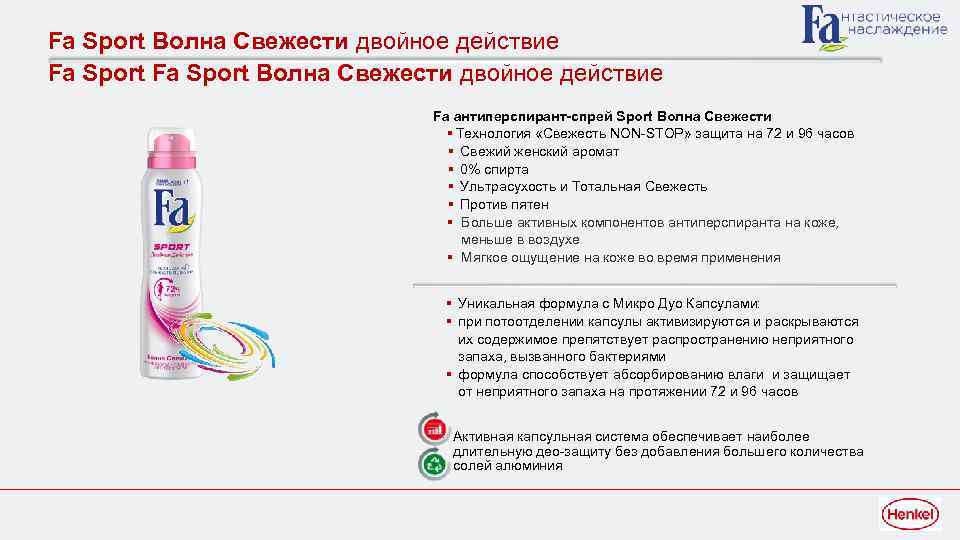 Fa Sport Волна Свежести двойное действие Fа антиперспирант-спрей Sport Волна Свежести § Технология «Свежесть