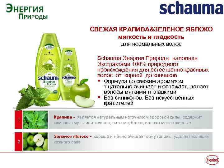 СВЕЖАЯ КРАПИВА&ЗЕЛЕНОЕ ЯБЛОКО мягкость и гладкость для нормальных волос Schauma Энергия Природы наполнен Экстрактами