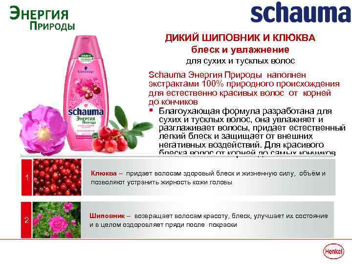 ДИКИЙ ШИПОВНИК И КЛЮКВА блеск и увлажнение для сухих и тусклых волос Schauma Энергия