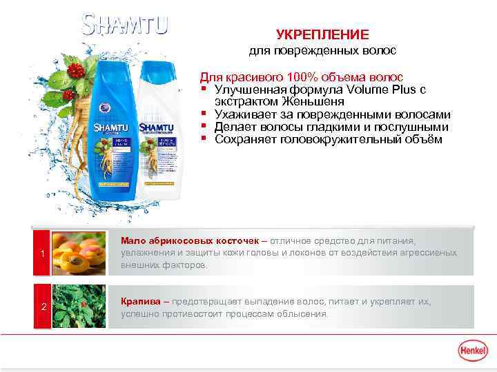 УКРЕПЛЕНИЕ для поврежденных волос Для красивого 100% объема волос § Улучшенная формула Volume Plus