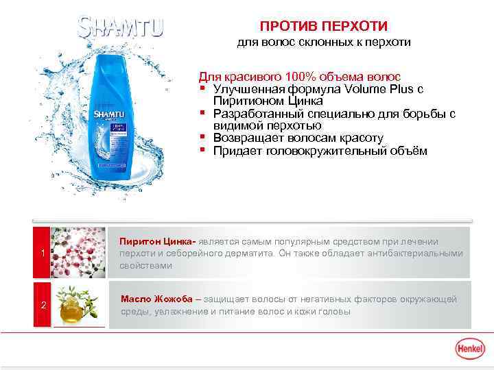 ПРОТИВ ПЕРХОТИ для волос склонных к перхоти Для красивого 100% объема волос § Улучшенная