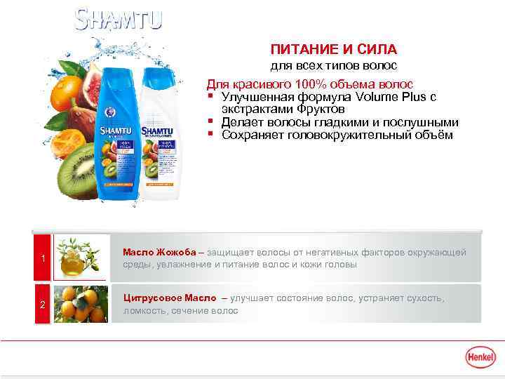 ПИТАНИЕ И СИЛА для всех типов волос Для красивого 100% объема волос § Улучшенная