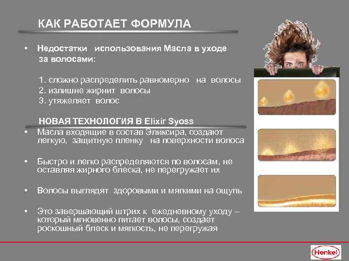 КАК РАБОТАЕТ ФОРМУЛА • Недостатки использования Масла в уходе за волосами: 1. сложно распределить