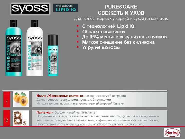PURE&CARE СВЕЖЕТЬ И УХОД для волос, жирных у корней и сухих на кончиках §