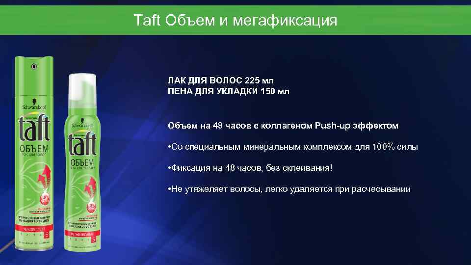 Taft Объем и мегафиксация ЛАК ДЛЯ ВОЛОС 225 мл ПЕНА ДЛЯ УКЛАДКИ 150 мл