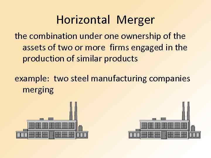 Horizontal Merger the combination under one ownership of the assets of two or more