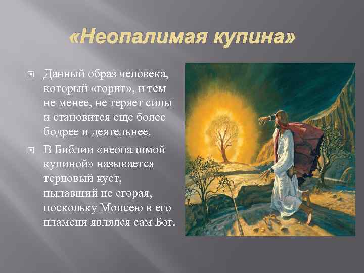  «Неопалимая купина» Данный образ человека, который «горит» , и тем не менее, не